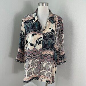 Rose + Olive Womens Plus 2X Paisley Floral Button Up Shirt Long Sleeve Blouse